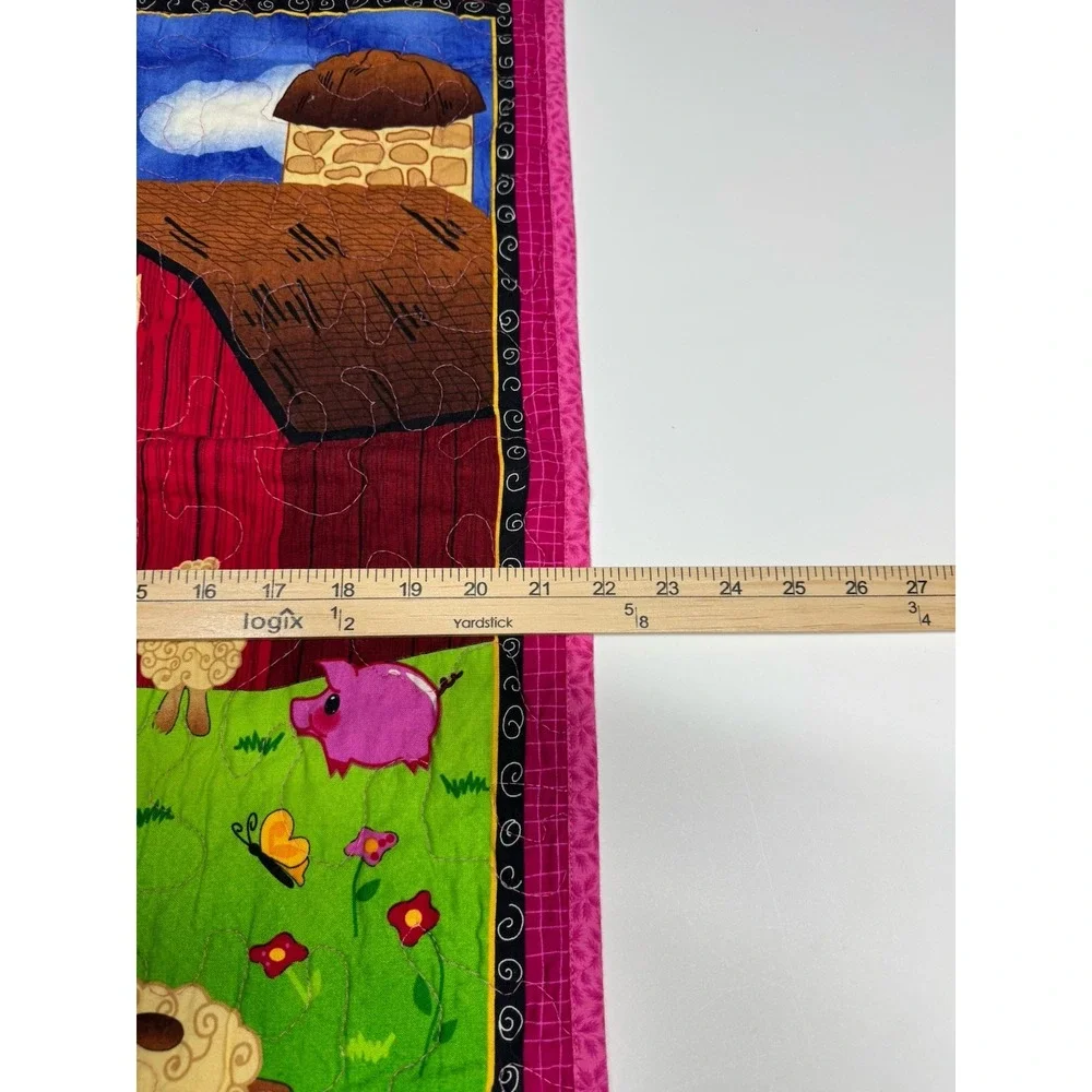 Vintage Handquilted Baby Quilt-Farm Animals~Cow Ducks Chicken Horse~39 x 21.5 In